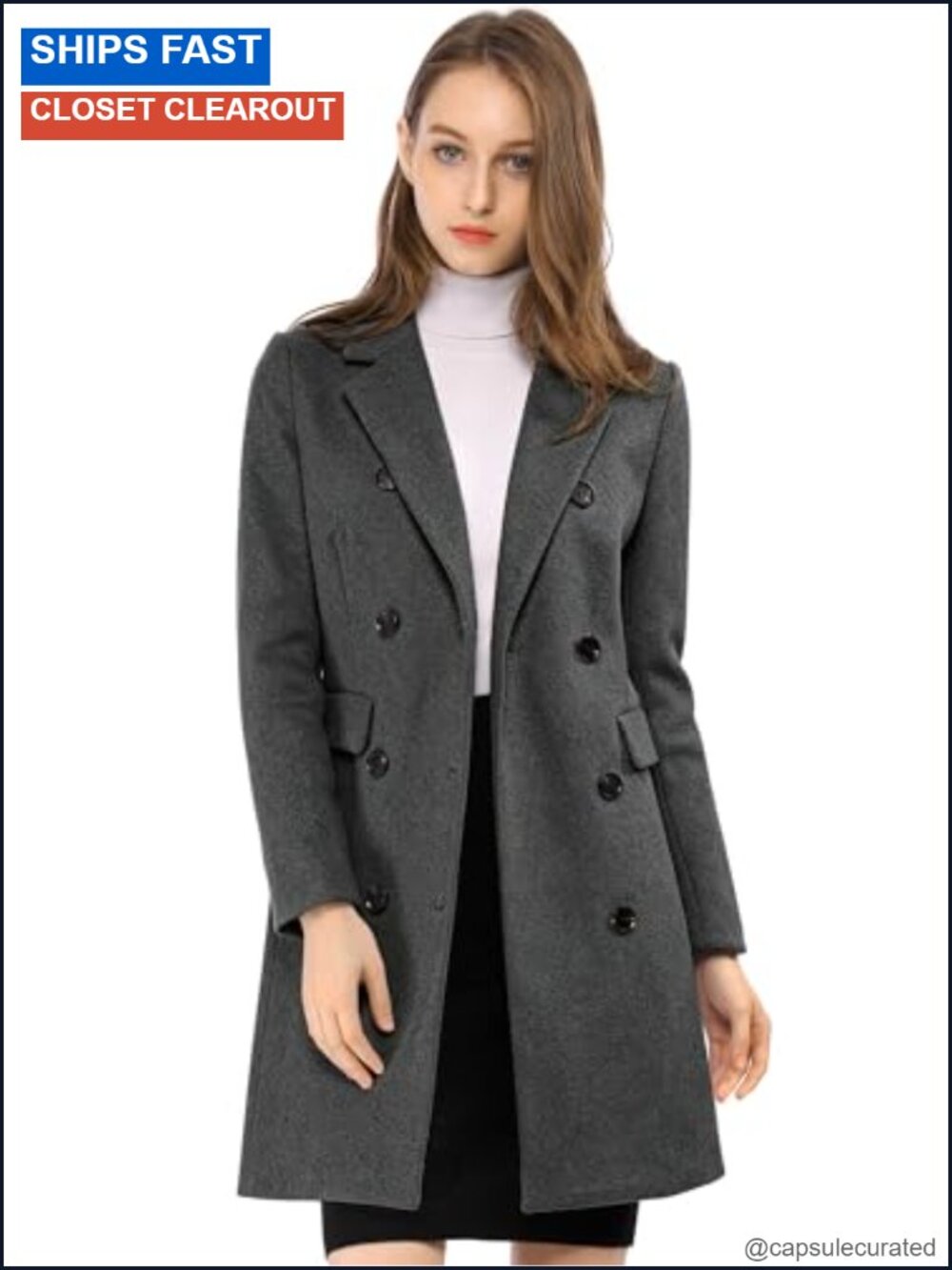 Double Breasted Trench Peacoat Notched Lapel Winter Coat Longline Overcoat